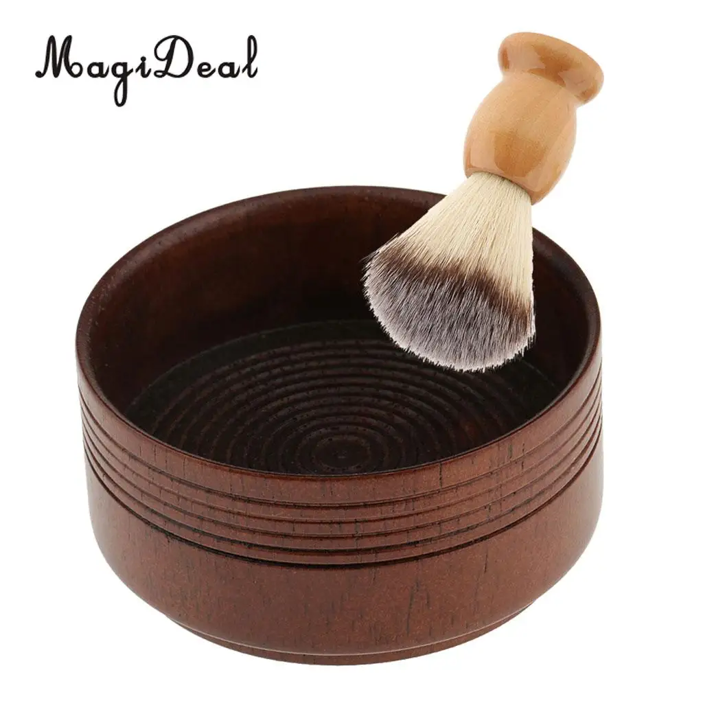Natural Wooden Handle Shaving Brush + Wood Mug Cup Bowl Set for Men Barber