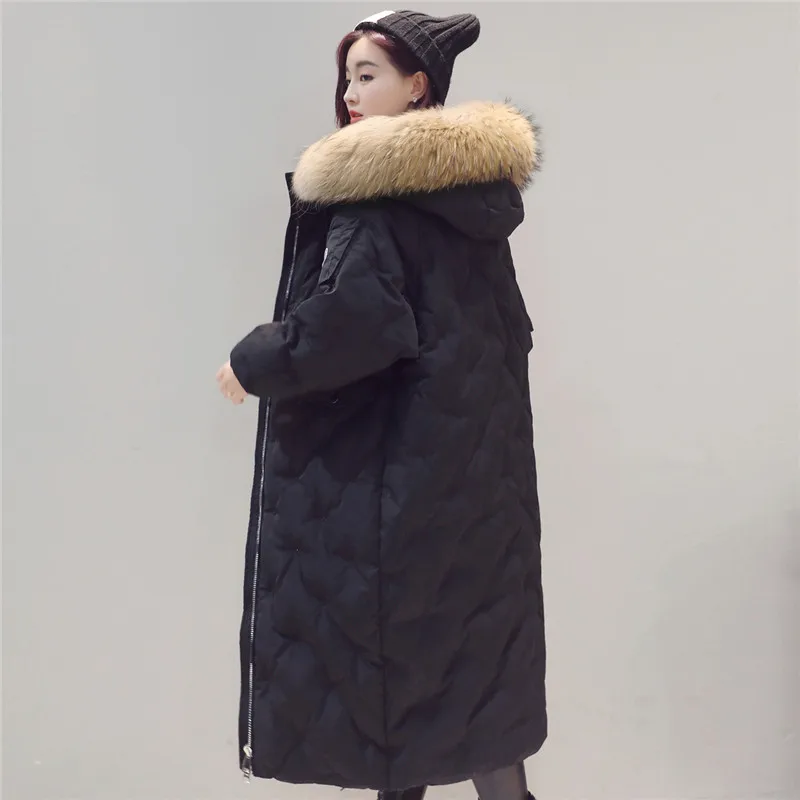 Зимняя женская очень большая толстая длинная куртка макси с воротником из натурального меха енота, женская верхняя одежда, теплое новое пальто с капюшоном, Женская парка