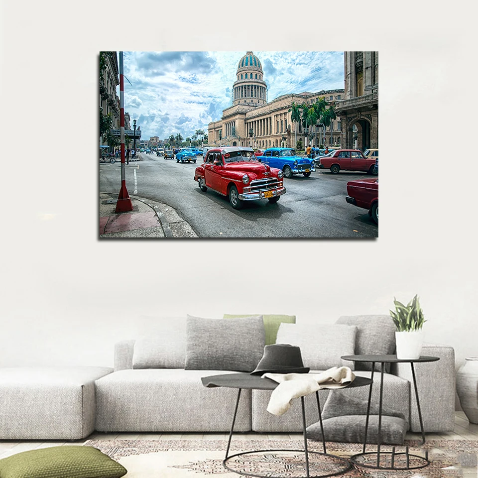 Настенные художественные картины на холсте, HD принты, домашний декор, Гавана, Куба, автомобиль, город, 1 шт., модульные Куадрос, картины для гостиной, художественные плакаты