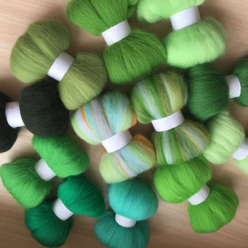 wool needle felting poke fun DIY roving felt 100 merino wool fiber green color 10g/12pcs/lotin