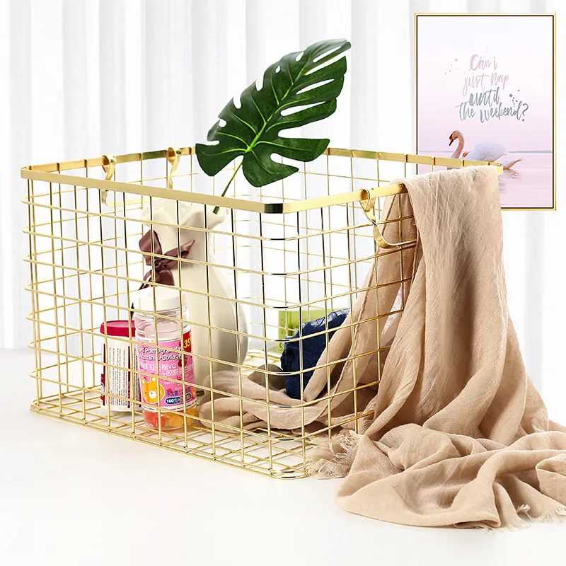 

Metal Rose Gold Storage Basket Vogue Chic Nordic Hand-made Iron Net Table Shelves Basket Bath Clothes Cosmetics Storage Basket
