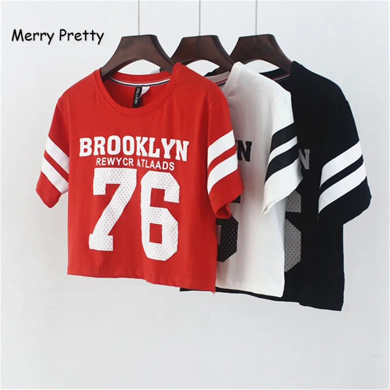 

Merry Pretty New summer style Brooklyn 76 printed fashion Women T-shirt punk Crop top cotton T-shirt female dance t shirt tops