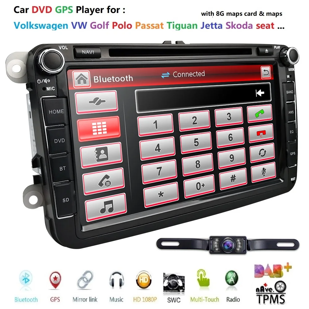 Excellent Ossuret 2Din 8Inch Car DVD Player For V W/Volkswagen/Passat/POLO/GOLF/Skoda/Seat/Leon DAB+ GPS RDS SWC rear camera FM/AM radio 2