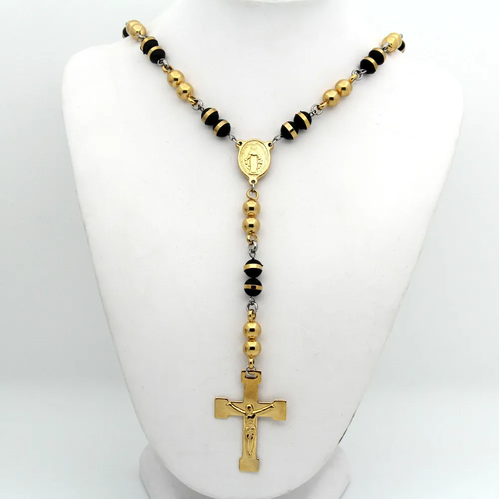 015 Fashion Jewelry Rosary Beads chain Cross Religious Stainless Steel 18K/gold Necklace Womens Mens Wholesale