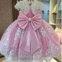 Новинка года; кружевное платье с цветочным узором для девочек; цвет розовый, белый Пышное фатиновое платье с бантом длиной до щиколотки для первого дня рождения Пышное Платье для девочек на заказ