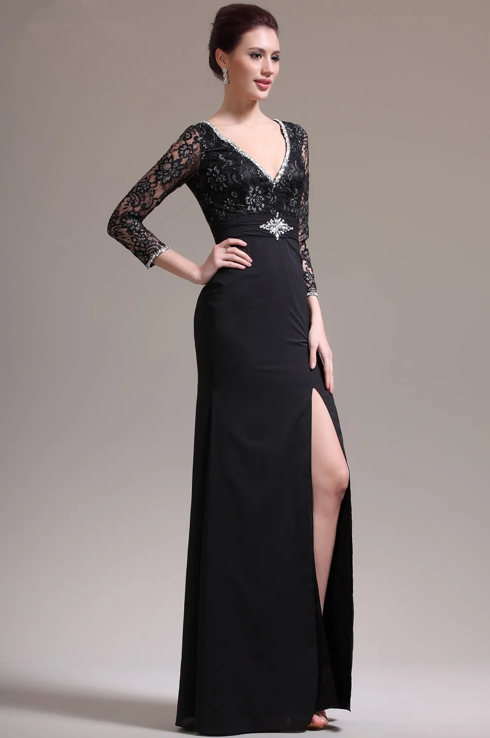 Freeshipping-New-Style-Gorgeous-V-Neckline-Black-Chiffon-Lace-Mother-of-the-Bride-Dress (1)