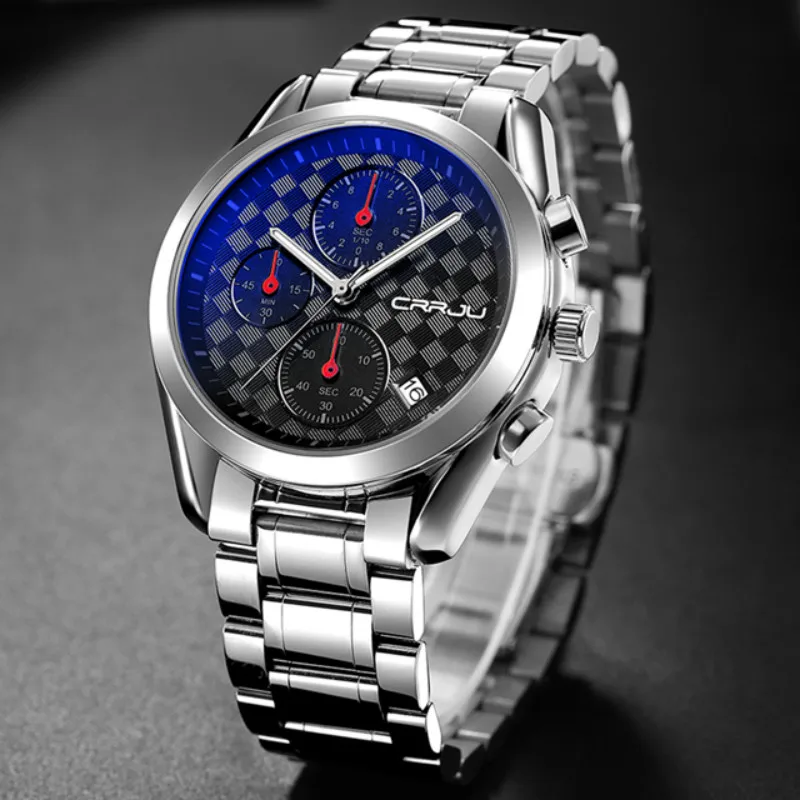 

CRRJU Luxury Stainless Steel Analog Quartz Watch Luxury Men's Blue Light Chronograph Fashion Sports Clock