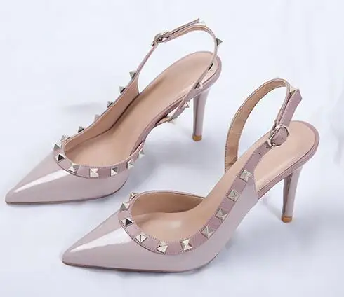 Hersevll Rivet High Heels Women's Sandals New Summer Large Size Thin Heel Sexy Top Single Shoe Pointed Toe Women's Sandals - Цвет: Бежевый