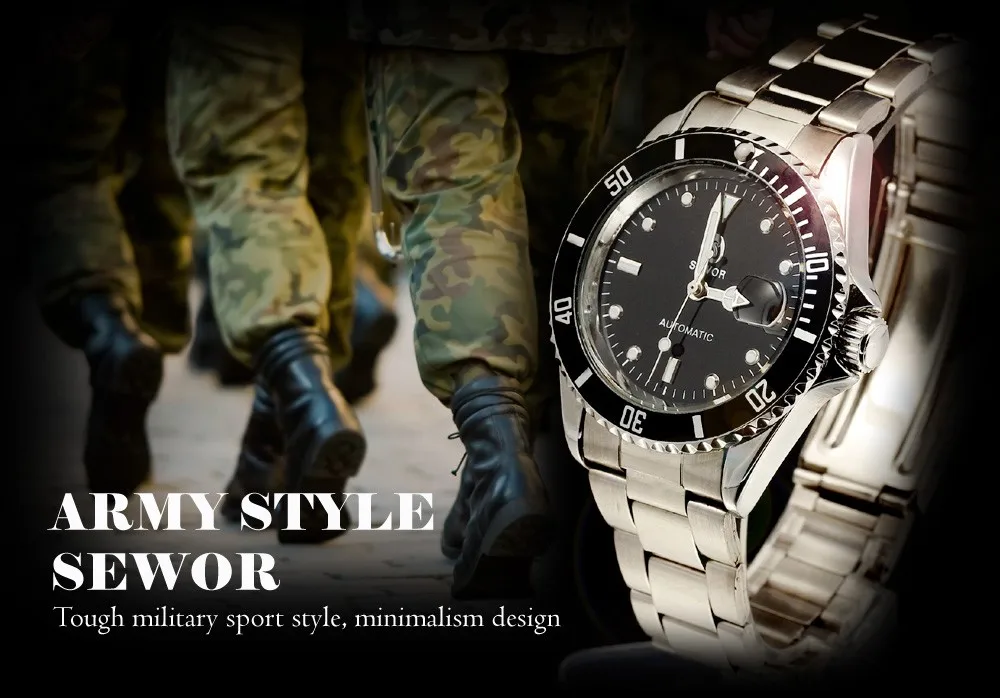 SEWOR мужские наручные часы из нержавеющей стали с автоматической датой, роскошные спортивные автоматические механические армейские военные часы