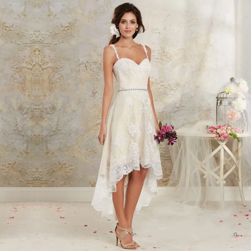 2017 Boho Lace Short Wedding Dress Sexy Spaghetti Straps High Low
