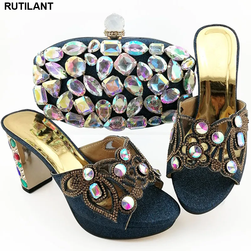 

New Fashion Italian Ladies Shoes and Bags To Match Set Decorated with Rhinestone Summer High Heeled Shoe for Women Slip on Pumps