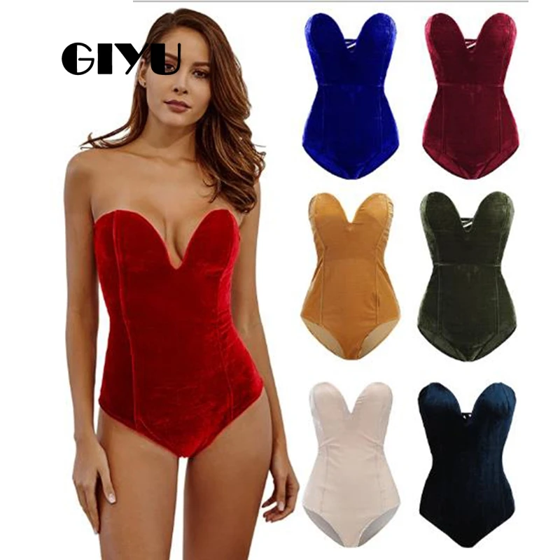 

GIYU Solid Lace-Up Velvet Short Bodysuits Women Strapless Overalls Skinny High Waist Romper Slim combinaison femme