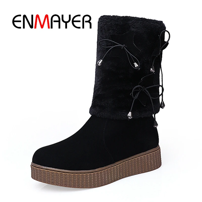 

ENMAYER New Arrival Winter fashion round toe ankle boots lady sweet butterfly-knot Slip-on Big size 34-43 ZYL177