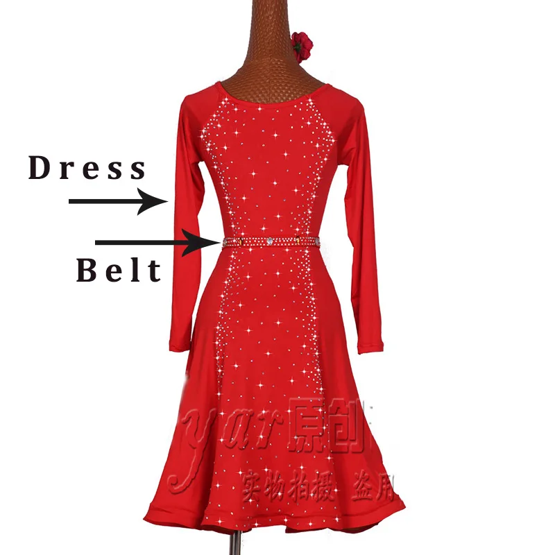 Взрослые красные латинские платья для женщин, платье для танцев, стразы, платье с длинным рукавом для Танго/сальсы, профессиональное латинское платье BL1891 - Цвет: Dress And Belt