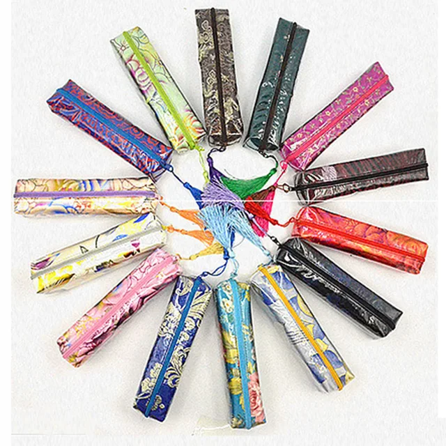 Chinese style silk pencil case silk 18*5cm stationery phone bag Office