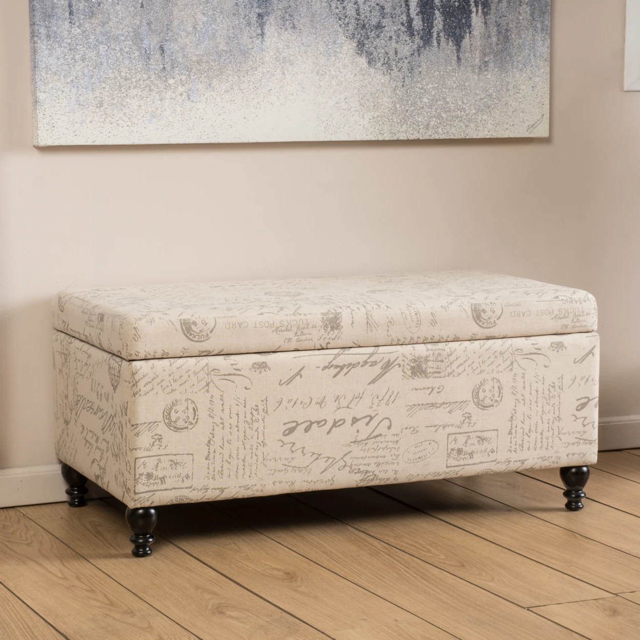 Cerise Fabric Storage Ottoman Bench with French Script