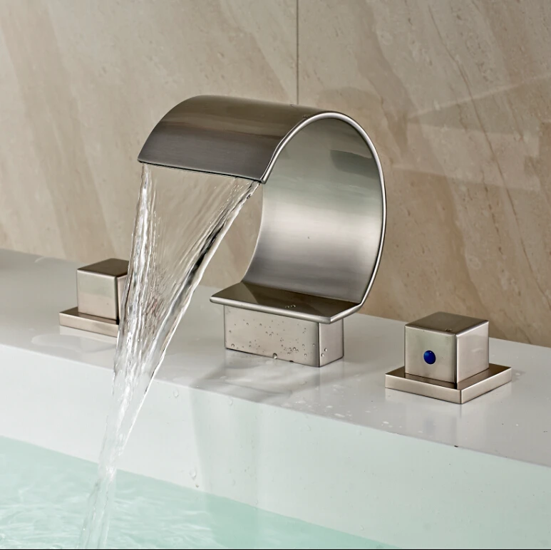 Newly Brushed Nickel Waterfall Bathtub Or Basin Sink Mixer Tap Dual Handles Deck Mounted Basin Sink