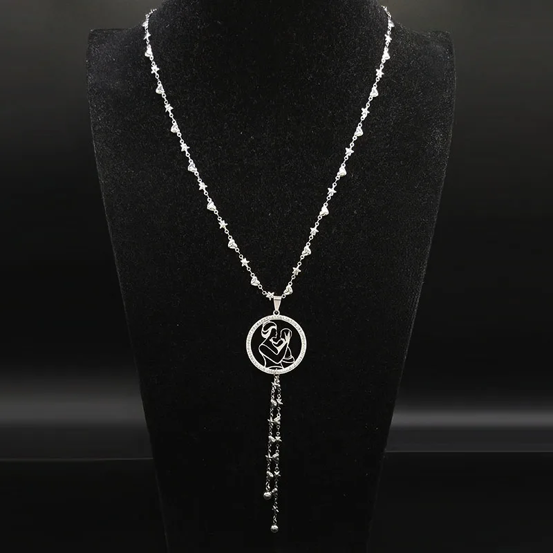 

2019 MAMA and Kid Crystal Stainless Steel Necklace for Women Gift Long Tassel Silver Color Necklaces Jewelry joyas mujer N19062