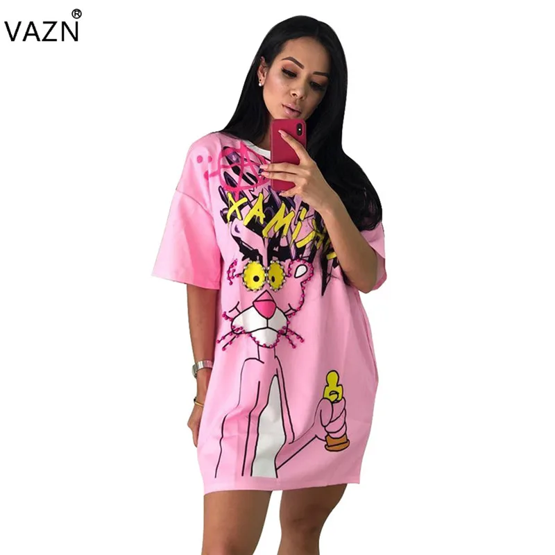 VAZN Горячая Мода Топ дизайн сексуальный стиль женское платье с принтом 4 цвета О-образный вырез короткий рукав прямое Мини платье Vestido TRS946 - Цвет: Розовый