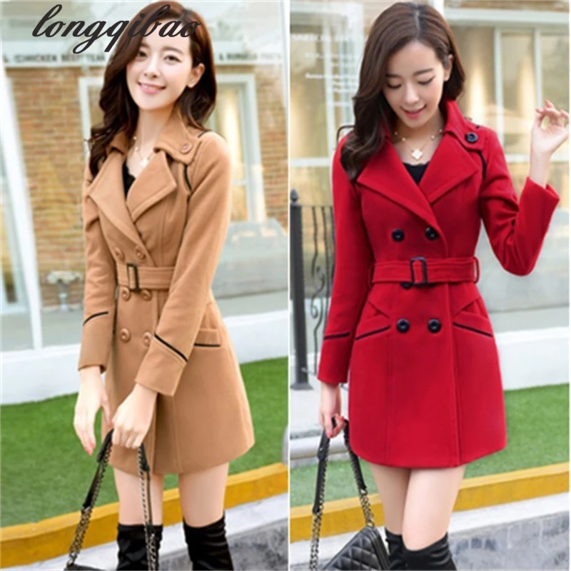 2017 New Spring Woolen Coat Trench Women Slim Double Breasted Black Winter Coats Long Outerwear for Women TB7667