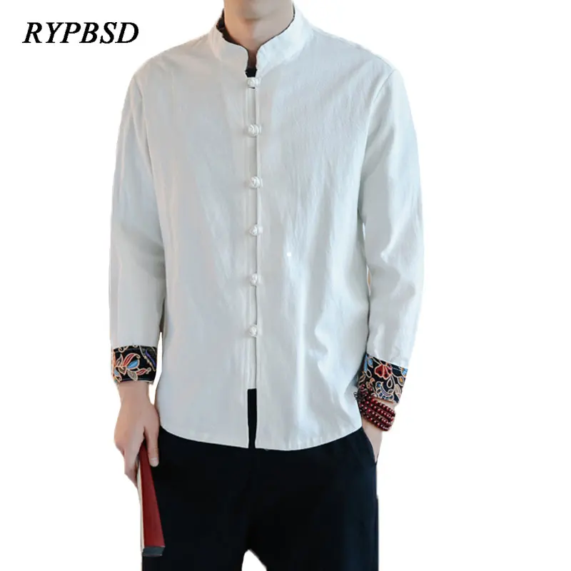 

2019 Chinese Traditional Vintage Linen Shirt Men Long Sleeve Casual Single-Breasted Patchwork Tai Chi Tang Shirt Clothing 5XL