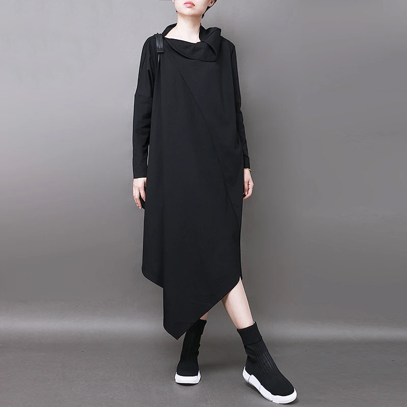 [EAM] новое осенне-зимнее платье свободного кроя с круглым высоким воротником и длинным рукавом большого размера JY051