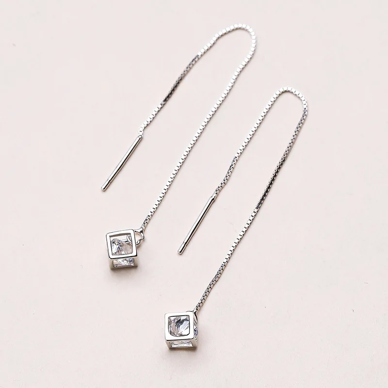 

Martick Elegant Box Chain Earrings 100% 925 Silver Jewelry Ear Line Brincos With Square Cube Penadnt For Woman Present GSE13