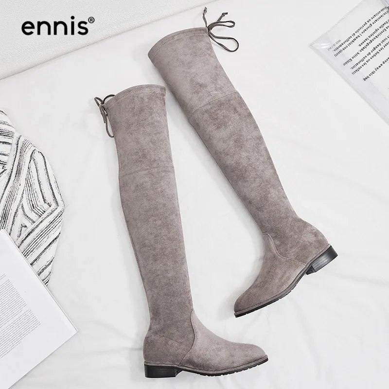 ENNIS/ г. Женские ботфорты выше колена с круглым носком осенне-зимняя обувь на низком каблуке женские ботинки на плоской подошве черного и серого цвета L908