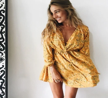 

Hirigin Fashion Women Summer Boho Chiffon Dress Party Evening Long Sleeve V-Neck Beach Mini Dress Sundress Female Vestidos