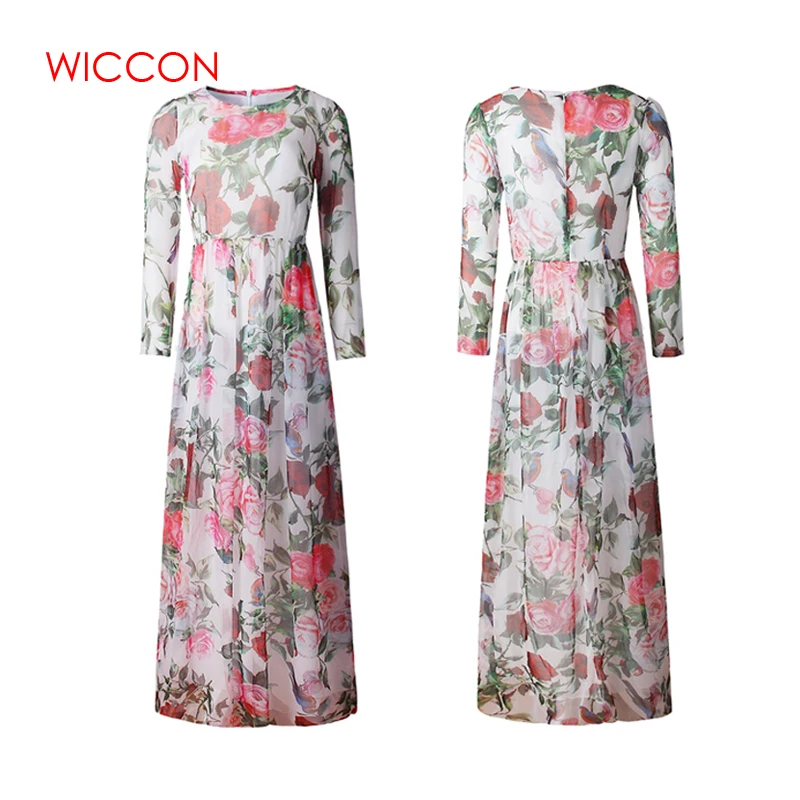 WICCON Новое модное женское платье с принтом розы Vestidos элегантное пляжное шифоновое длинное платье повседневное винтажное весенне-летнее платье с круглым вырезом