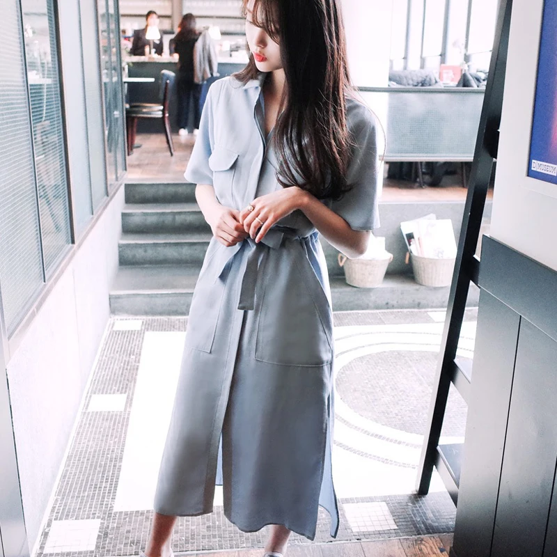 

SHTONGHUA New 2019 Summer Women Midi Split Dress Korean Short sleeve Long Shirt Dress Casual Bow Bandage Waist Dress