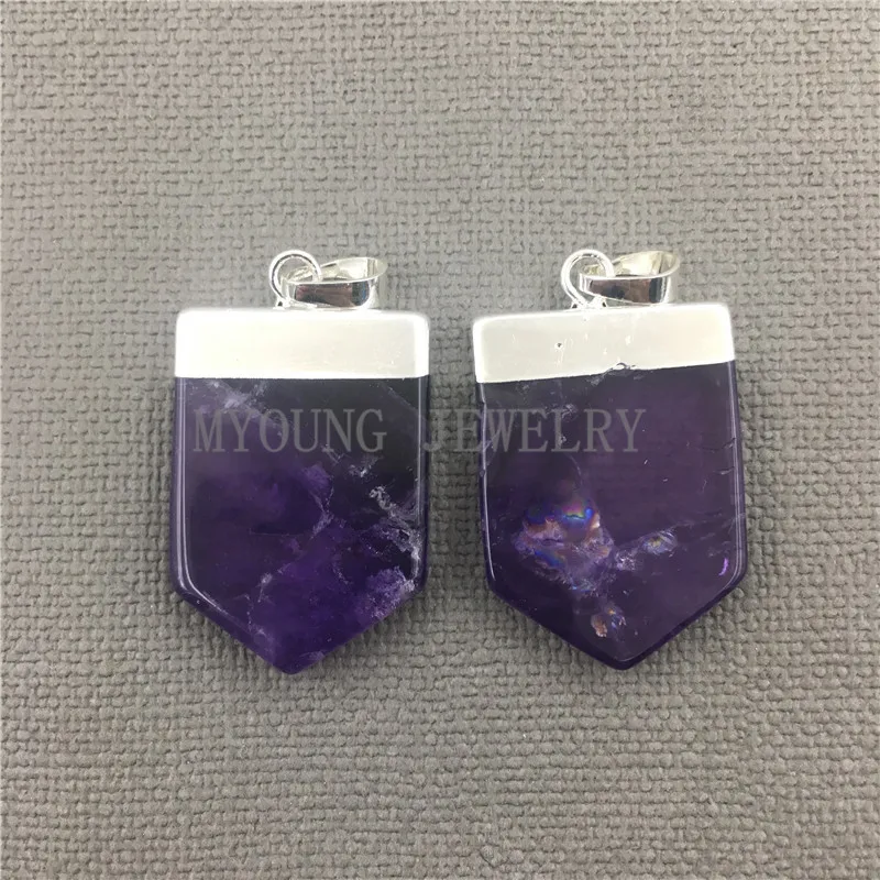 MY0500 Pentagon  Amethyst Point Pendant Flat with Silver Color Cap and Bail Stone Slice Charm  (1)