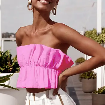 

2019 Fashion Solid Color Ruffle Crop Tops Women Boho Cami Vest Strapless Tank Female Tops Summer White Black