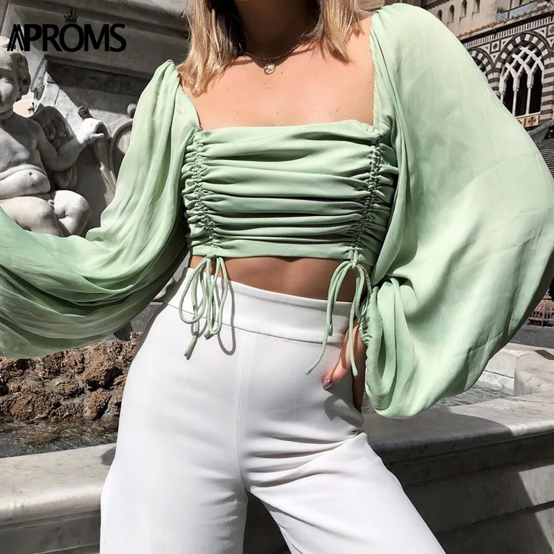  Aproms Vintage Square Neck Lantern Sleeve Blouse Shirt Women Ruched Pleated Short Blouses Streetwea