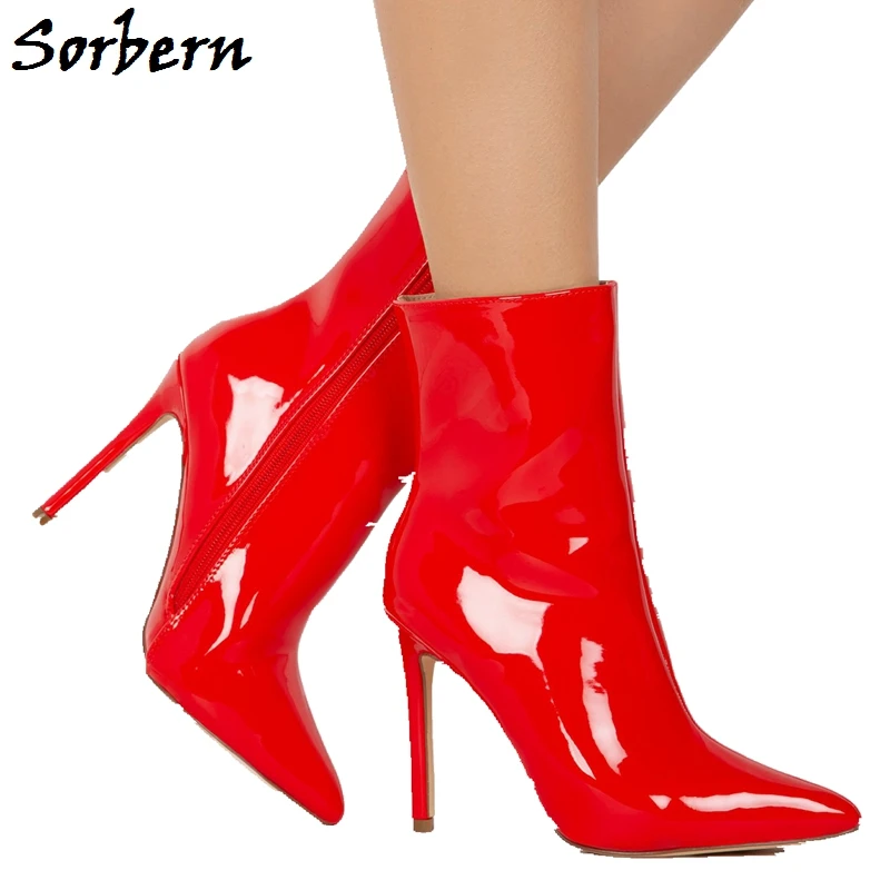 

Sorbern Red Zipper Ankle Boots Custom Made Color Spring Women Shoes High Heels Patent Leather Stilettos Size 10 Sexy Party Boots