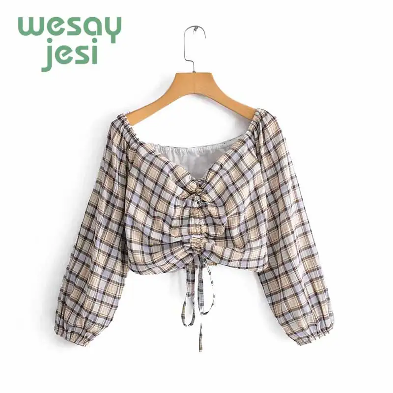 

blusas mujer de moda 2019 short plaid print slash neck bow kimono blouse womens tops and blouses
