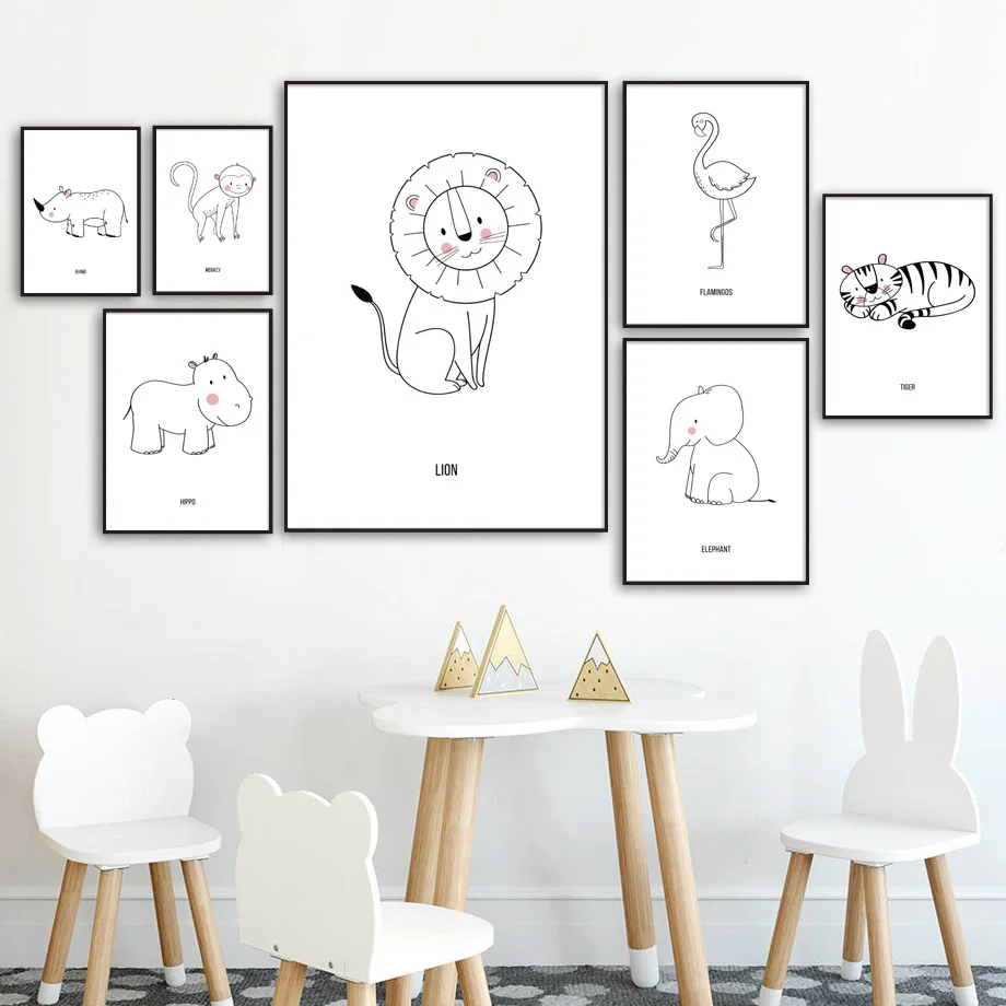 Lion Elephant Flamingo Hippo Tiger Monkey Rhino Wall Art Canvas Painting Nordic Posters And Prints Wall Pictures Kids Room Decor Lion Elephant Flamingo Hippo Tiger Monkey Rhino Wall Art Canvas Painting Nordic Posters And Prints Wall Pictures Kids Room Decor