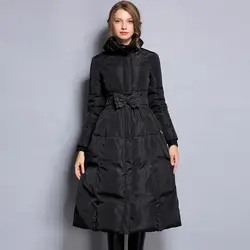 Новая зимняя коллекция Для женщин Теплый пуховик элегантный черный Талия Лук женский Экстра длинный тонкий куртки ветрозащитный AO042