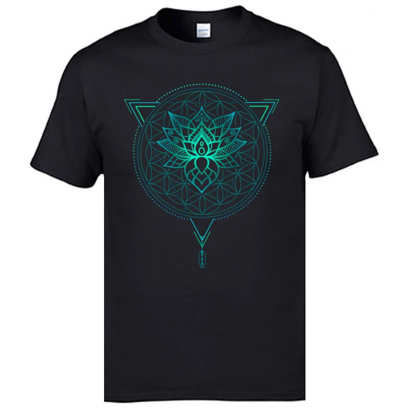 New Coming Men Top T-shirts O Neck Short Sleeve 100% Cotton Summer Tops Shirts Casual T Shirts Top Quality Lotus Flower of Life Mandala in Geometric Triangle black