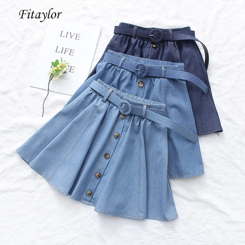 

Fitaylor Summer Denim Short Skirt Women Elastic High Waist A-line Skirt With Belt Single Breasted Decorate Slim Casual Skirts