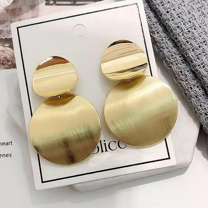 

Vintage Gold Earrings For Women Geometric Double Round Layers Earrings 2018 Fashion Long Earrings Femme Simple Style Jewelry