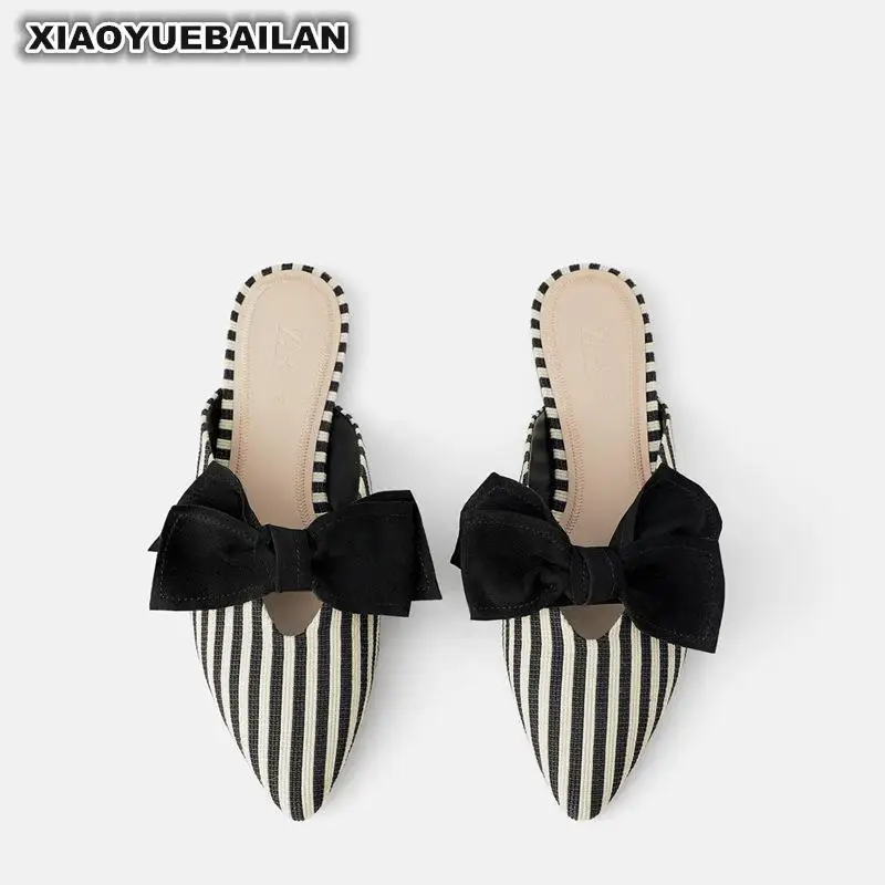 

Summer New Pointed Bowknot Wearing Heelless Baotou Low heeled Flat soled Half slipper Muller Shoes Fashionable