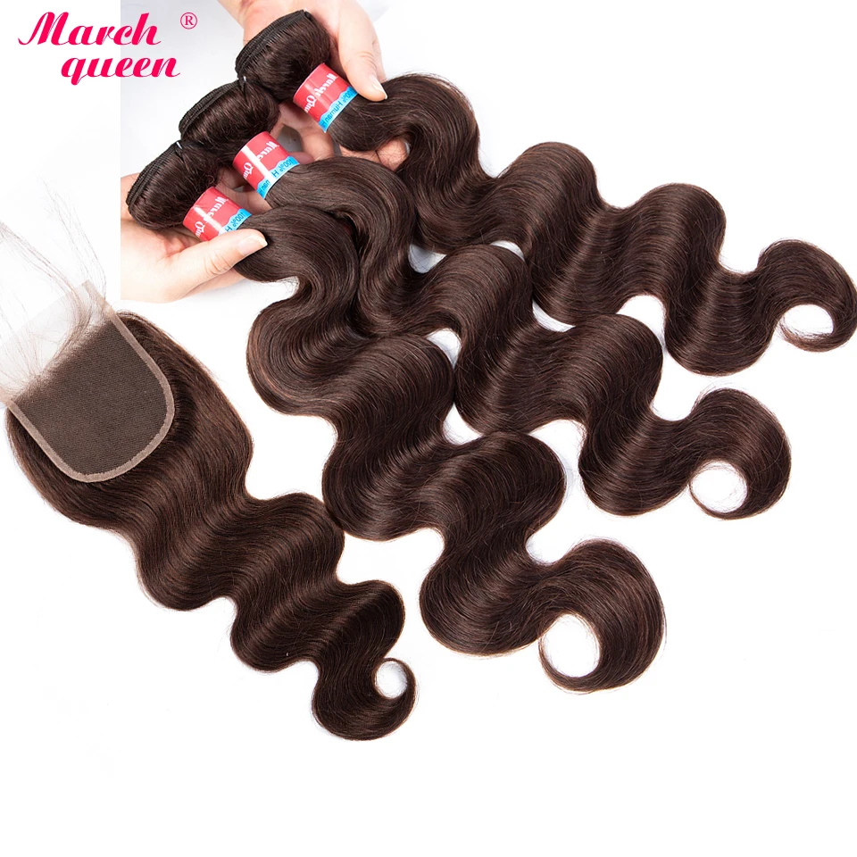 Marchqueen #2 темно-коричневые предварительно цветные вьетнамские волосы 3 Связки с закрытием шнурка 100% натуральные волосы Body Wave с закрытием 10 "-24"