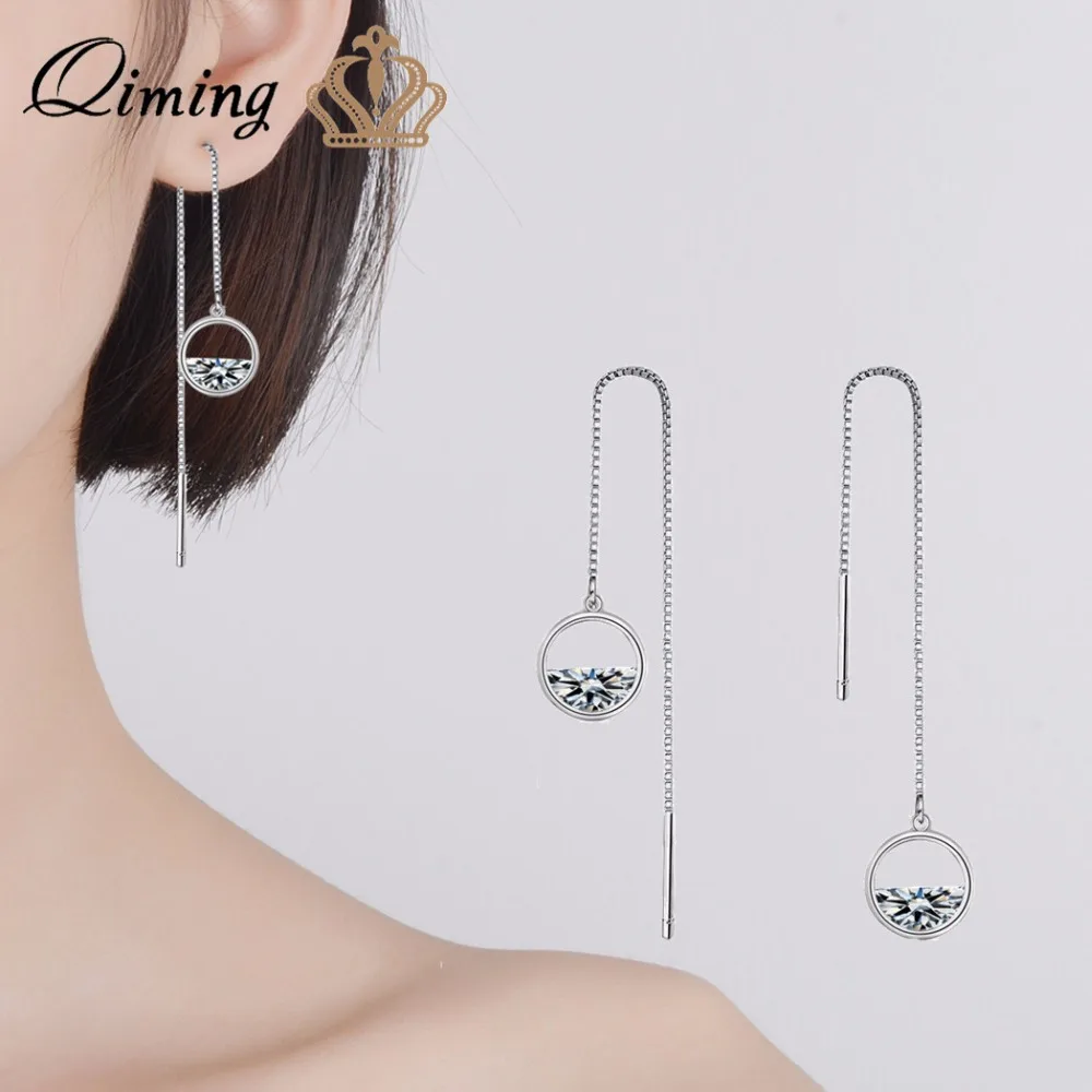 

QIMING Simple Korean Earrings Pendants Long Link Chain CZ Zircon Luxury Fashion Wedding Clear Stone Women Earring Femme