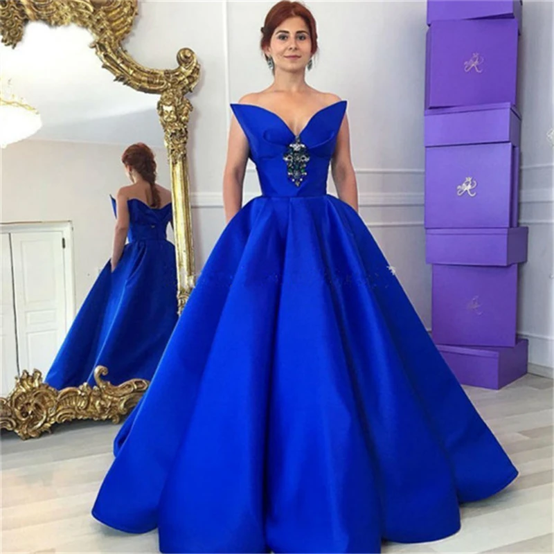 Designer Royal Blue V Neck Backless A Line font b Prom b font font b Dress