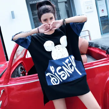 

2019 spring and summer new Thai street fashion big size women's Mickey color matching denim long paragraph loose sweater T-shirt