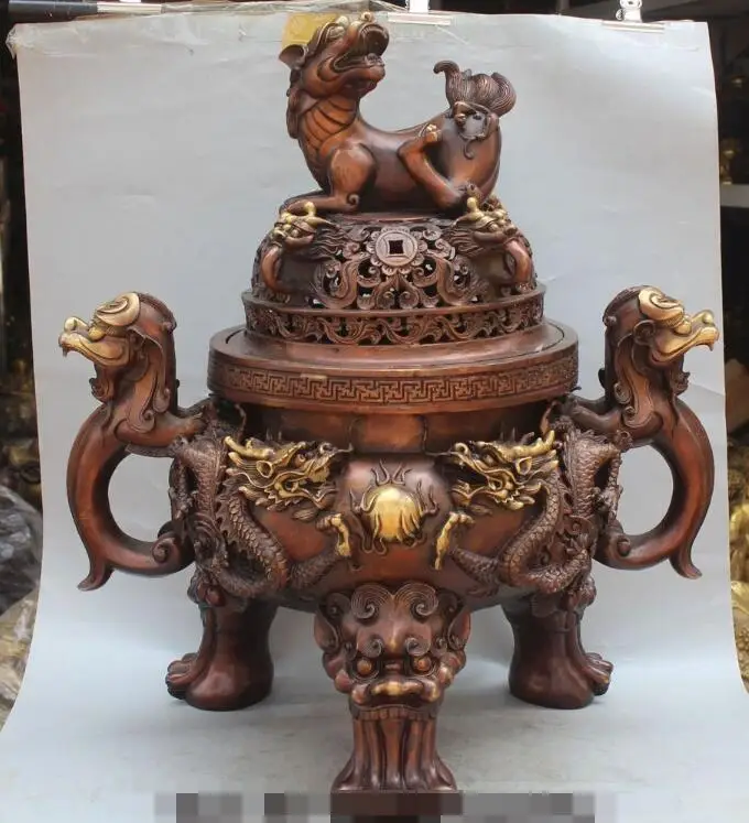 

S00907 19" Folk Chinese Bronze Gilt Dragon Statue Foo Fu Dog Lion incense burner Censer B0403