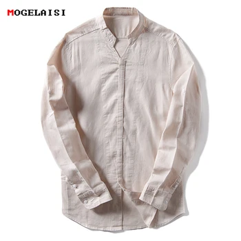 

NEW Linen Cotton Men Shirts Stand V Collar Solid Flax XXXL Shirt For Men Slim Casual Mens Shirt Autumn Plus size M-3XL