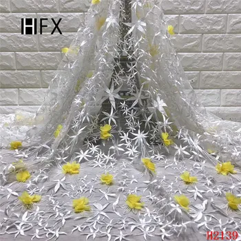 

HFX African Lace Fabric 3d Yellow Flowers Embroidered Mesh Lace White Nigeria French Latest Tulle Net Lace Fabric X2139
