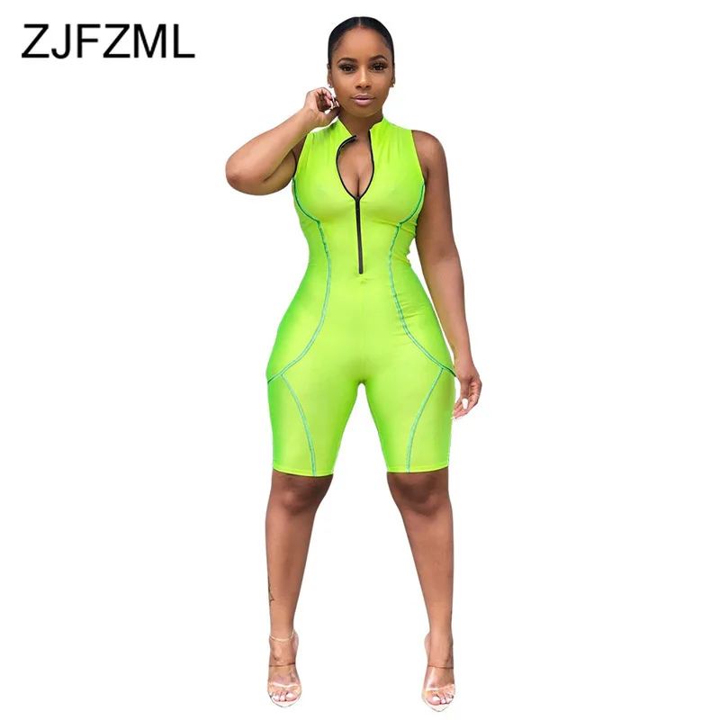 

Neon Green Striped Patchwork Overalls for Women Sleeveless Front Zipper Short Bandage Jumpsuit Fitness Bodycon Rompers Summer